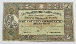sehr schöne Schweizer 5 Franken-Banknote vom 1. Januar 1921