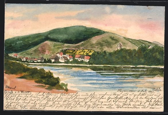 Cartoline postali: Handgemalt: Heyen, Blick über den Fluss – Usato da Berlin venduto da bartko-reher