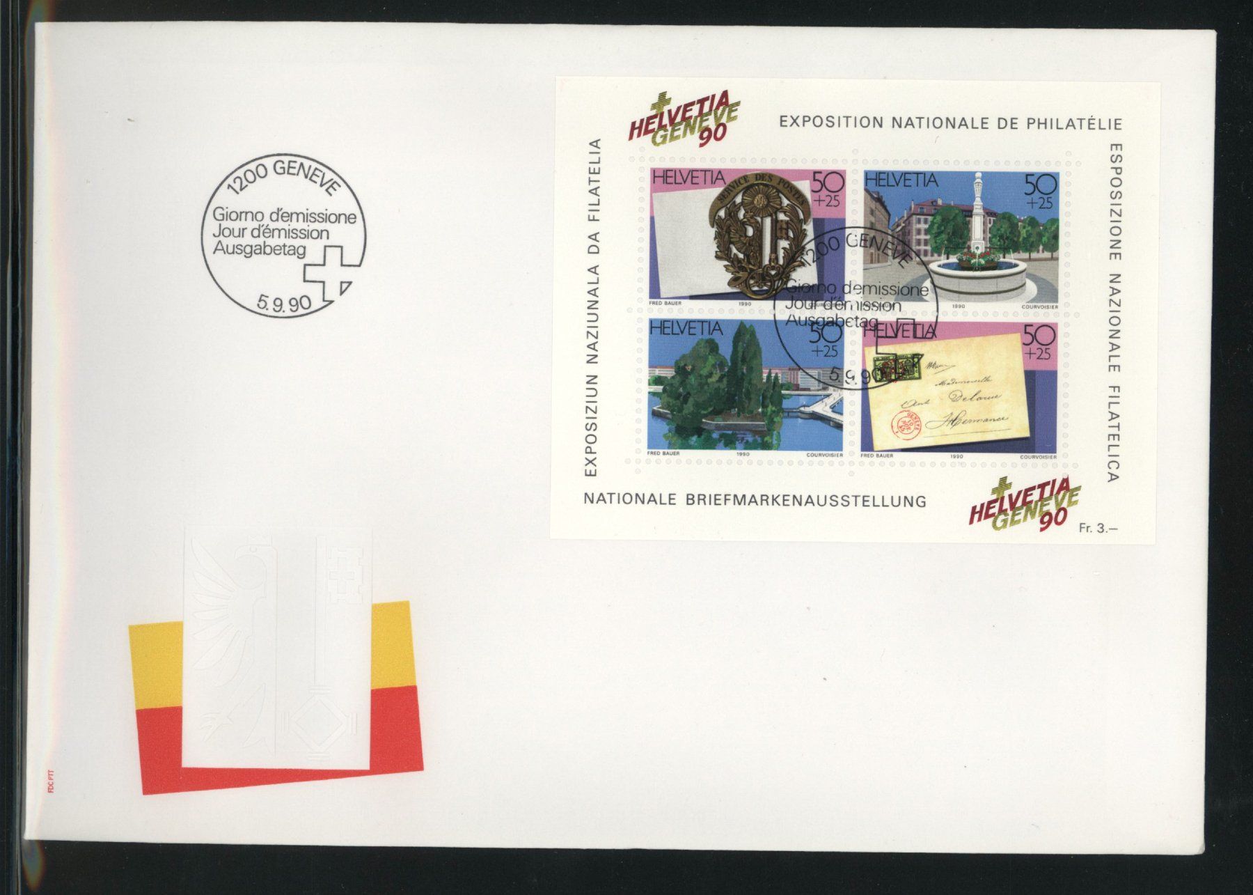 Alle Briefmarken: 1990, FDC, Gedenkblock Genf (Nr. W72), Grossformat E6 – Gebraucht aus Willisau von Vollstempel