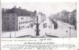 CHAUX - de - FONDS, le POD, le tram et la grande fontaine