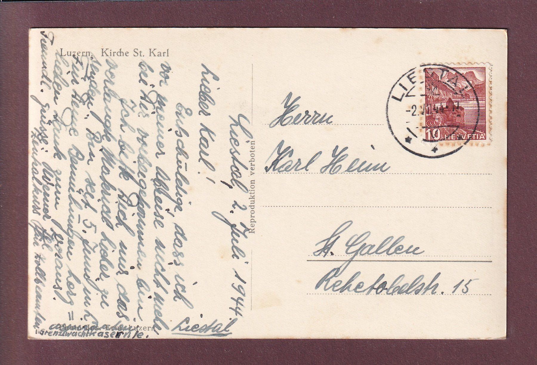 Cartoline postali: LUZERN - Kirche St. Karl - 1944 – Usato da Pully venduto da nicecards 1