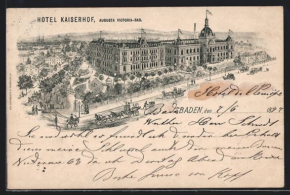 Cartoline postali: Litho Baden, Hotel Kaiserhof Augusta Vic – Usato da Berlin venduto da bartko-reher