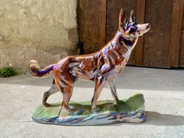 Irisierende Wolfshund Figur von H. Bequet, Quaregnon