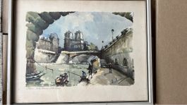 Belle aquarelle Paris Notre Dame Seine pêcheurs Belan 🖼️