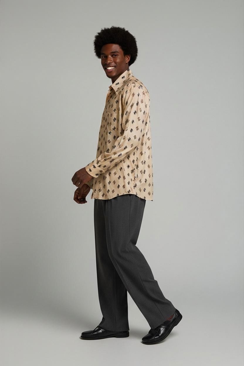 Hemden: Top Six Beiges gemustertes Button-Down-Hemd – Vintage-Stil – Gebraucht aus Zug von vinokilo