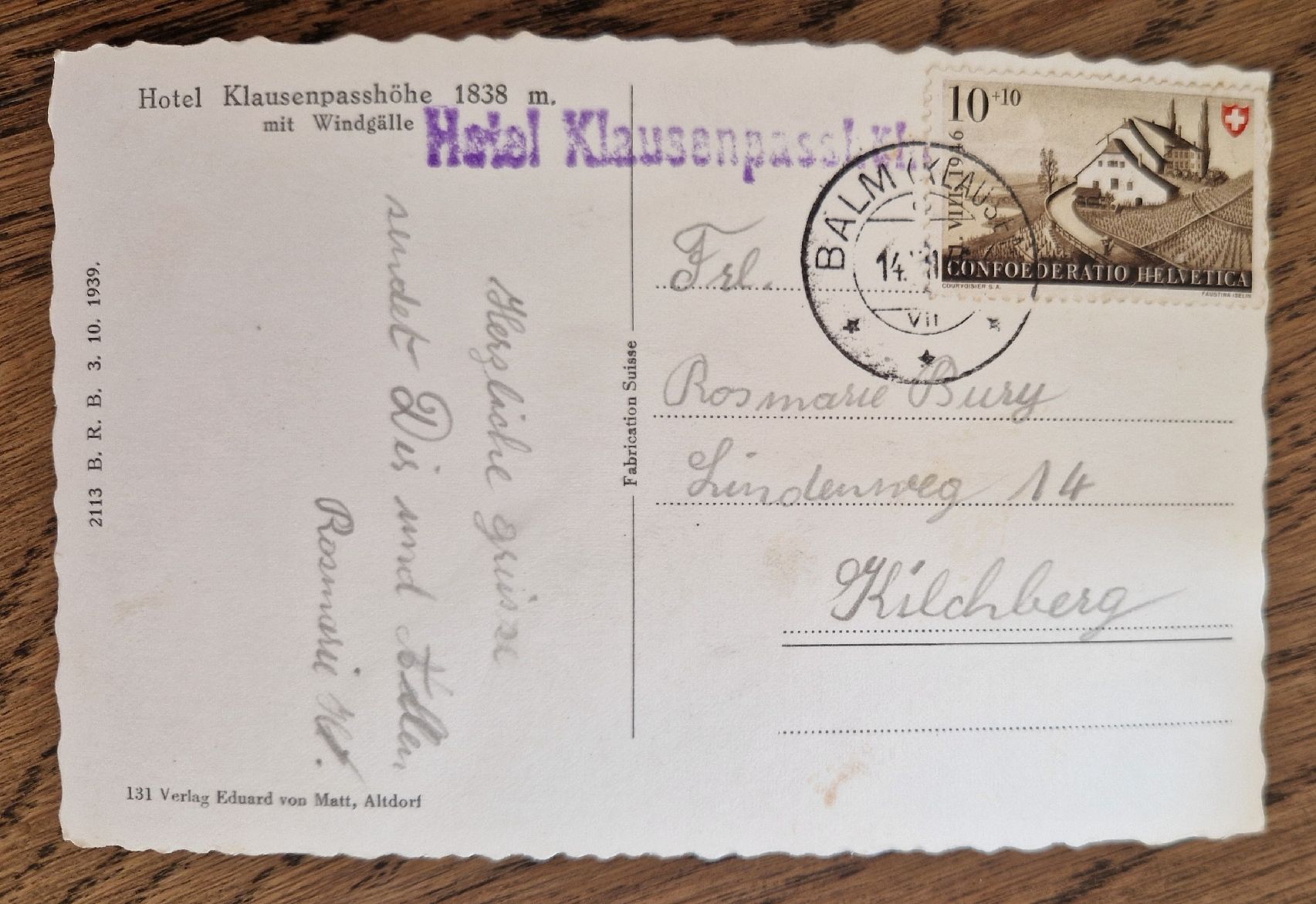 Cartoline postali: Hotel Klausen-Passhöhe 1946  Oldtimer, Poststempel Balm – Usato da Ebikon venduto da Donar50 3