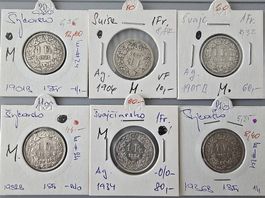 6x Silber 1 Franken Münze, seltene Jahrgänge 1901-1934