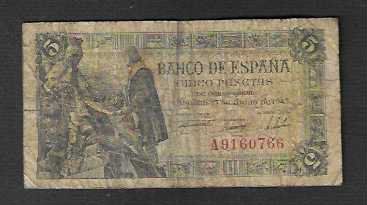Banconote: Spanien  5  Pesetas  1943  Gebraucht – Usato da Gordola venduto da coinsandnotes