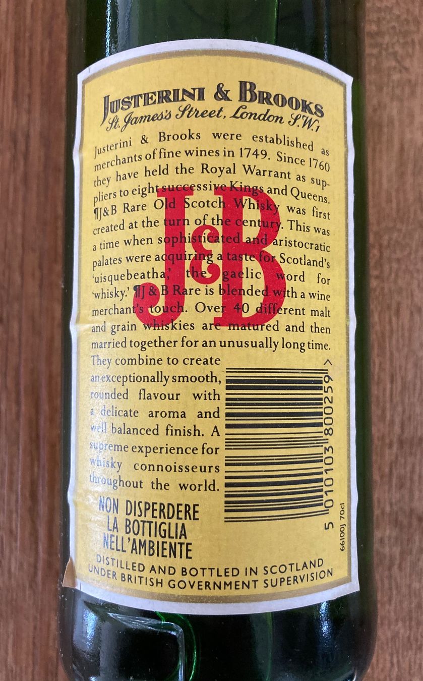 Bevande alcoliche: J & B Scotch Whisky von ca 1985 – Nuovo (secondo la descrizione) da Roggwil BE venduto da Maui2000 1