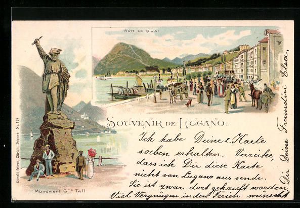 Cartoline postali: Litho Lugano, Sur le Quai, Monument Gme  – Usato da Berlin venduto da bartko-reher