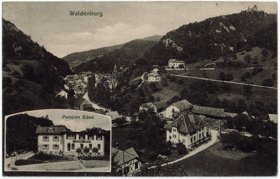 Cartoline postali: BL 97 Waldenburg 2 Bilder Pension Eden Feldpost 1913 – Usato da Fribourg venduto da philafri
