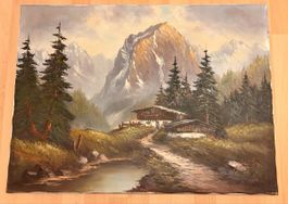 Ölgemälde Alpenlandschaft mit Berghütte, signiert, Top!