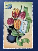 Vintage Postkarte "Bonne Fête" mit Tulpen und Schmetterling