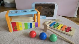 Wooden Musical Bench Toy with Xylophone and Hammer Set