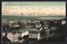 Biel, Ortsansicht mit Alpen, Eiger, Mön