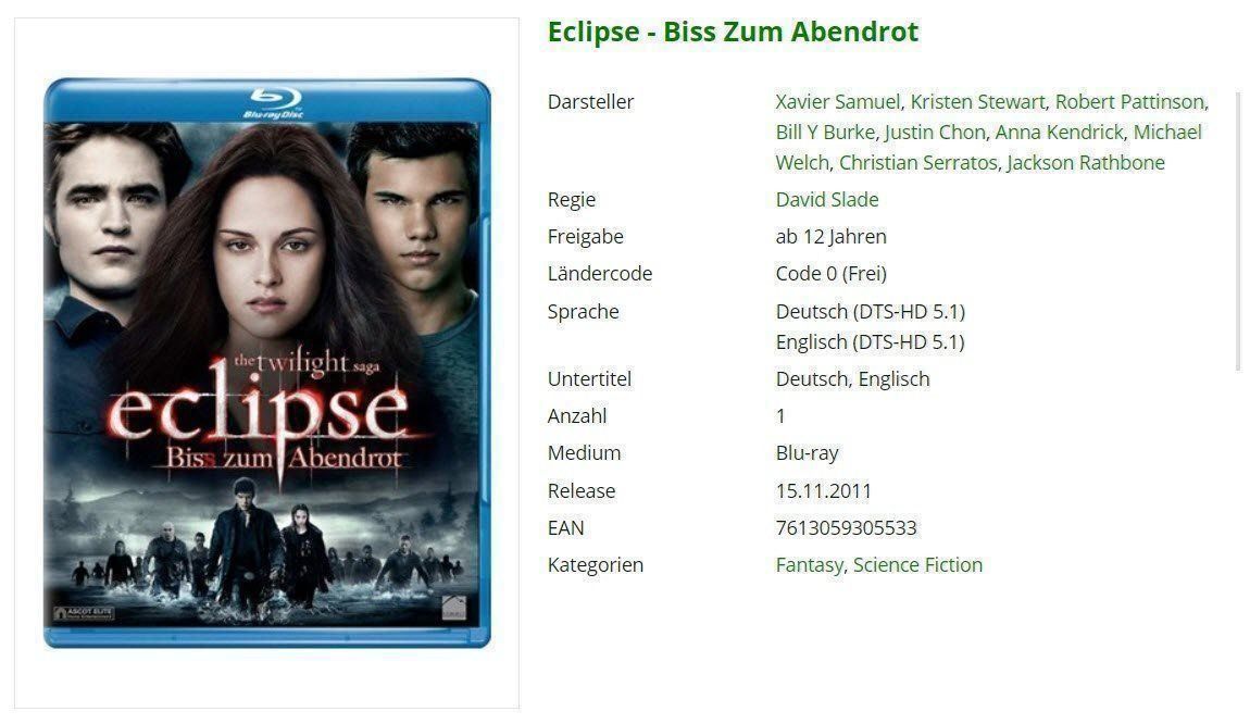 Tutti i DVDs: The Twilight Saga - Eclipse - Biss zum Abendrot - Blu-Ray – Usato da Buchrain venduto da Sssschaller