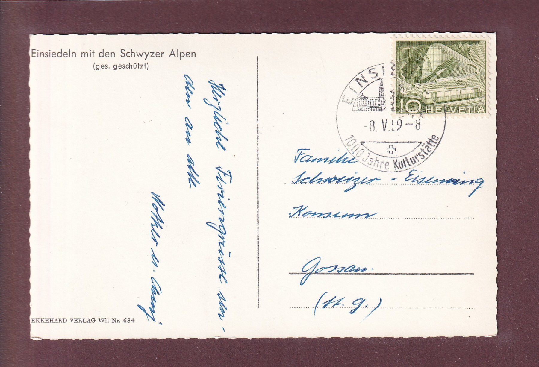 Cartoline postali: EINSIEDELN - Schwyzer Alpen - 1959 – Usato da Pully venduto da nicecards 1