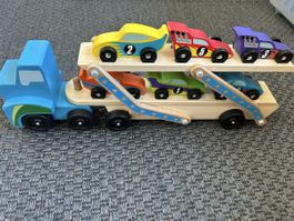 Wooden Car Carrier Truck Toy with 6 Cars Good Condition