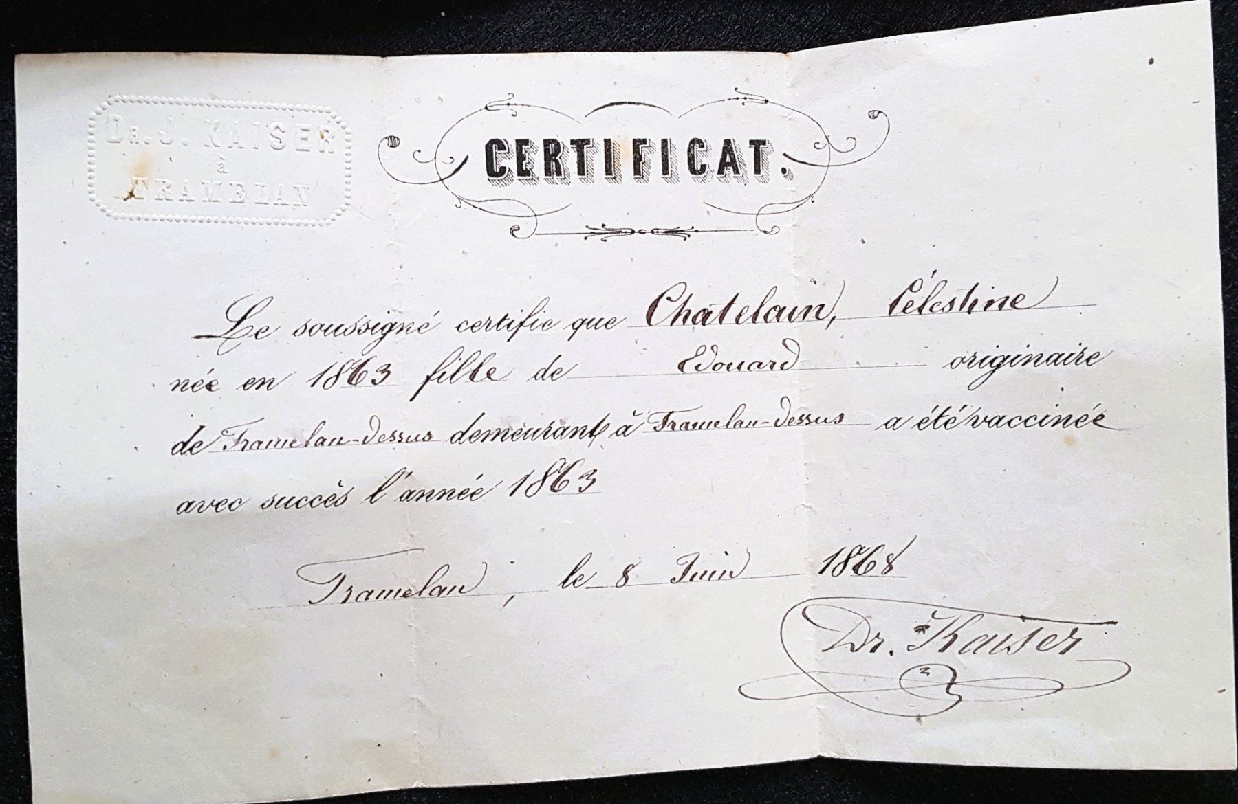 Cartoline postali: Tramelan Dr. Kaiser Certificat Vaccination 1868  Impfschein – Usato da Tavannes venduto da Cire