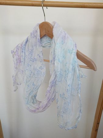 Damen Schal 45cm x 160cm Weiss mit Violette Blauen Rosen
