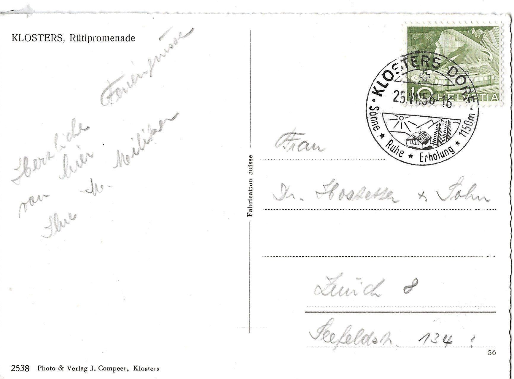 Cartoline postali: Klosters, Rütipromenade, 1956 – Usato da Frauenfeld venduto da Merk52 1