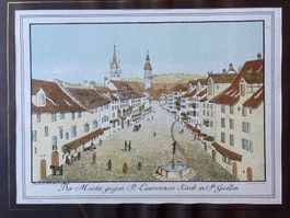 Kolorierter Stich Markt St.Laurenzen Kirche St. Gallen, rar