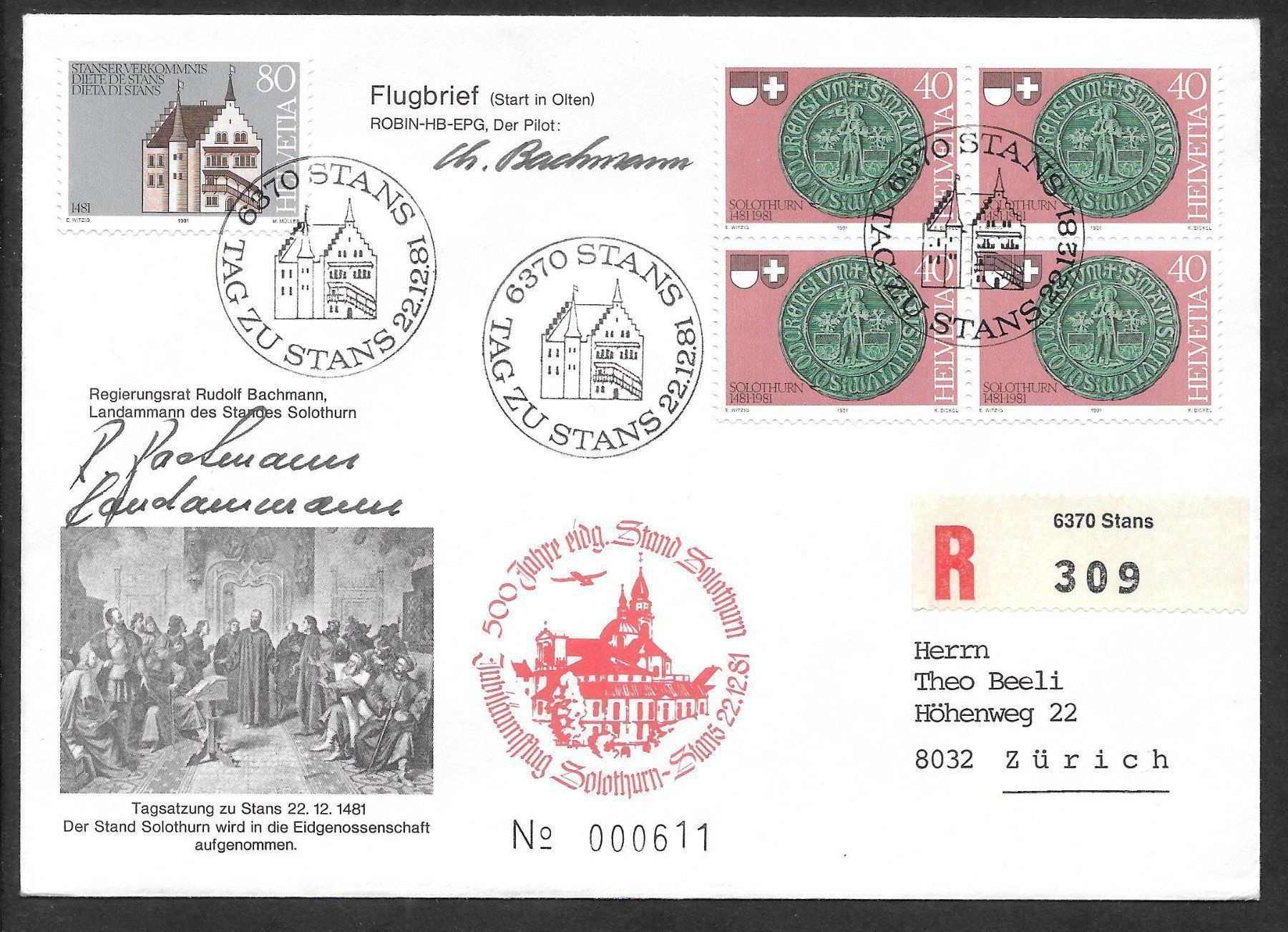 Tous les timbres: Jubiläumsflug Solothurn - Stans 22.12.1981 Start in Olten – Neuf (Voir description) à Olten par clotaldi