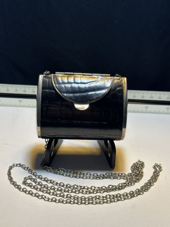 Vintage Black Crocodile Mini Bag Purse Chain Silver Metal