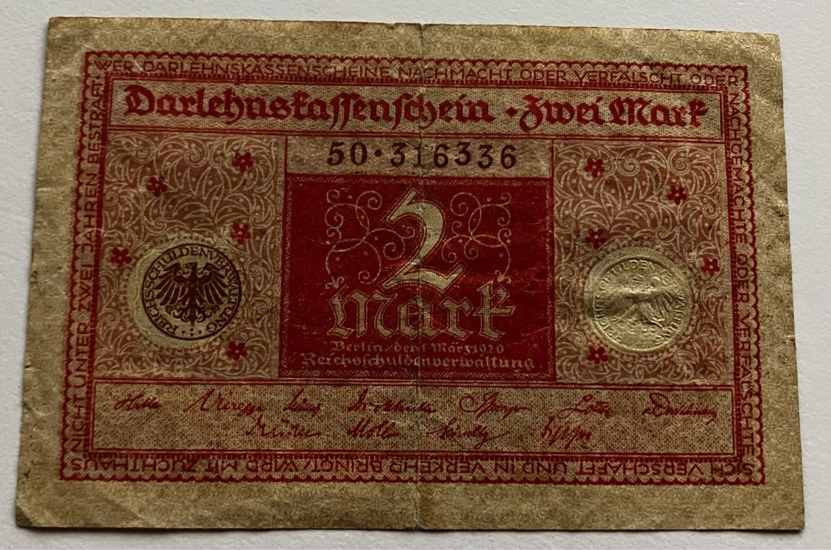 Banknoten: Deutschland 2 Mark 1920 – Gebraucht aus Algetshausen von Carrhard