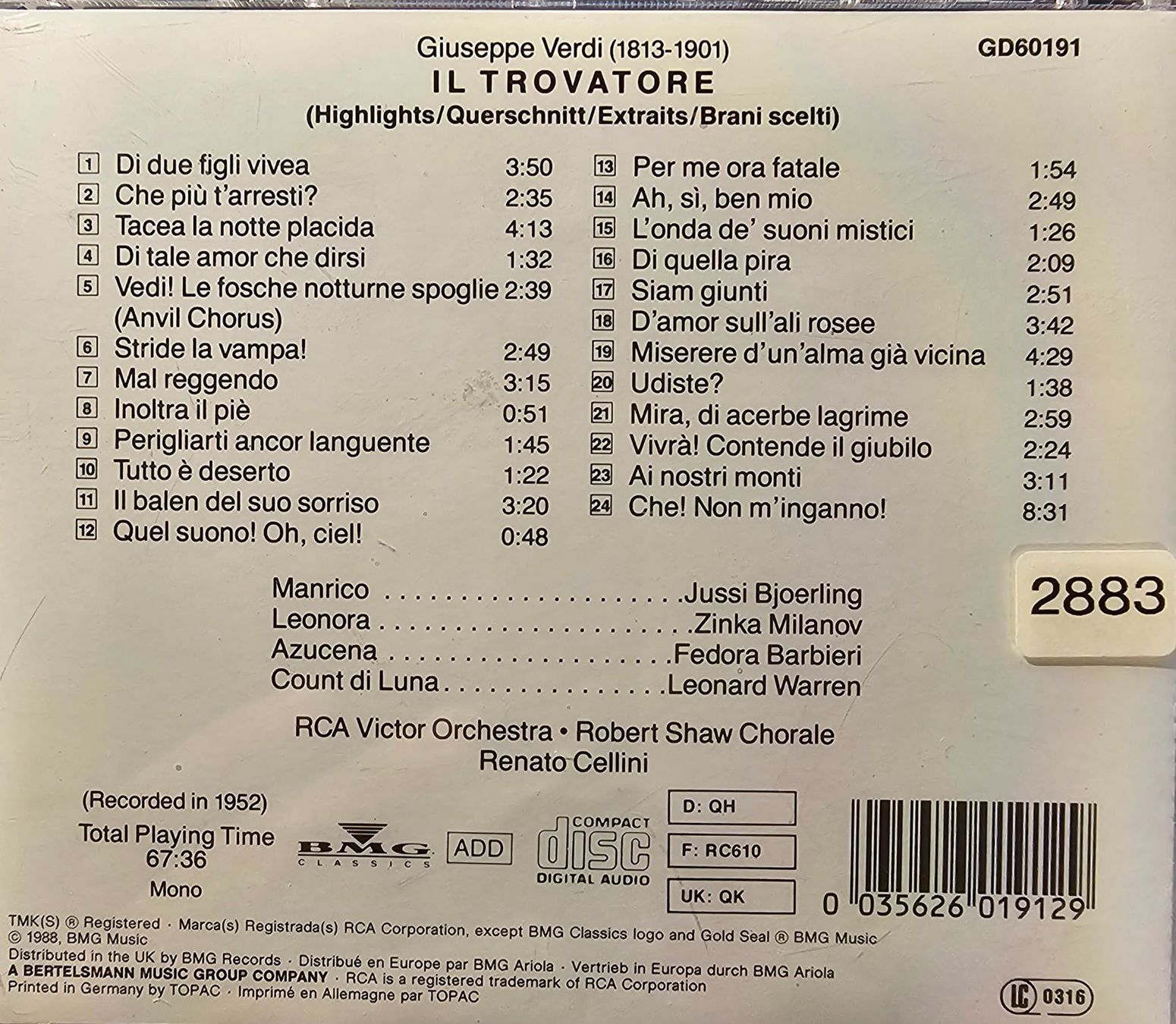 CDs: Verdi - Il Trovatore Highlights – D'occasion à Wahlen b. Laufen par Cg10 1