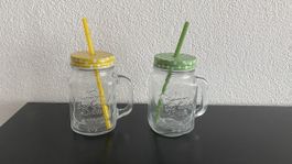 2 Gläser mit Deckel und Trinkhalm Trinkglas Einmachen