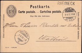 1902: 5 Rp. Ganzsache-Postkarte mit Stabstpl. RHEINECK