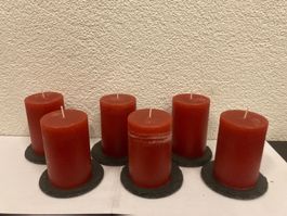 Kerzen Set, 6 Stück, je 10 x 6,5 cm, je 300g, rot gefrostet