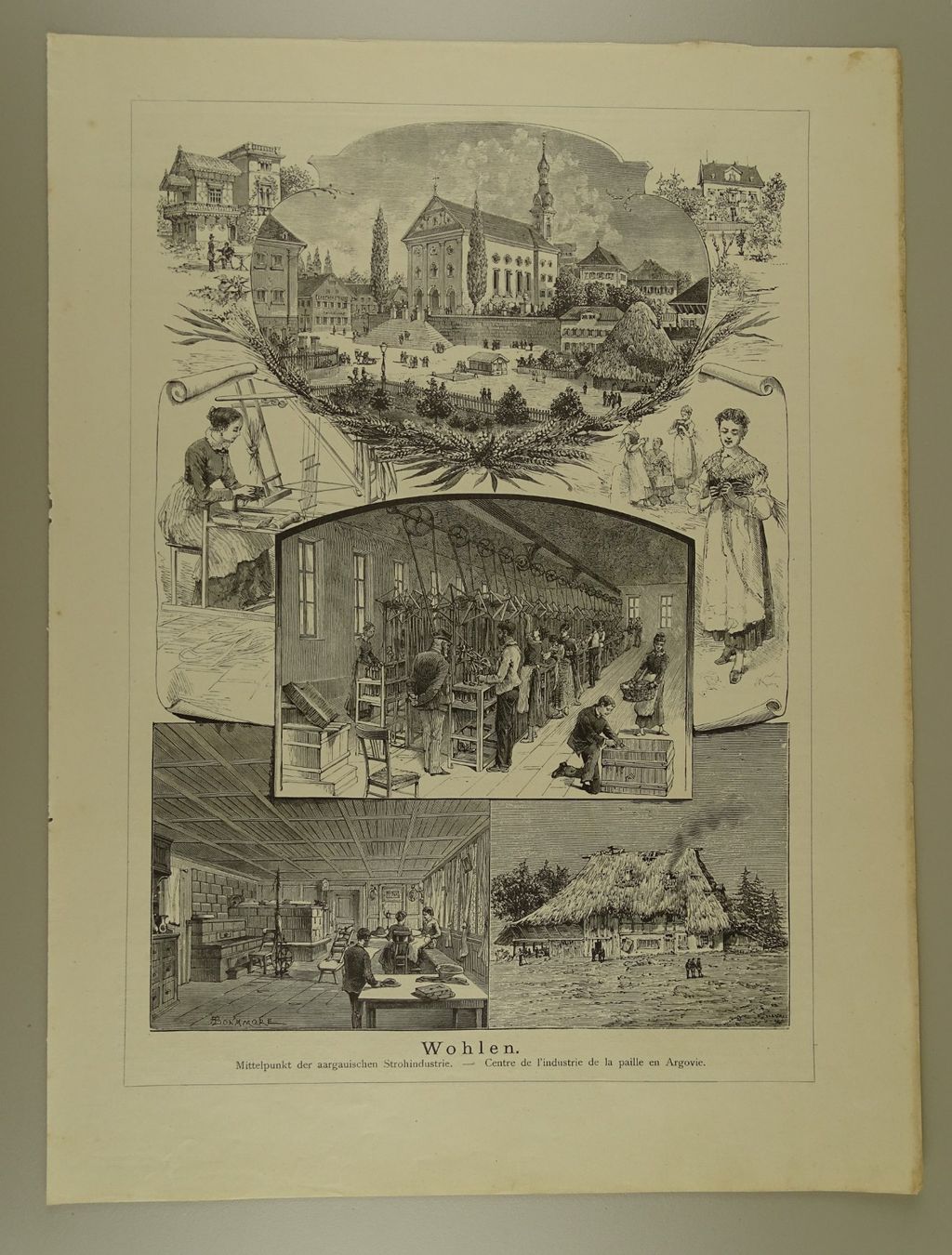Stiche: WOHLEN, AARG. STROHINDUSTRIE, HOLZSTICH 1883 – Gebraucht aus Grüningen von Kartensammler 1