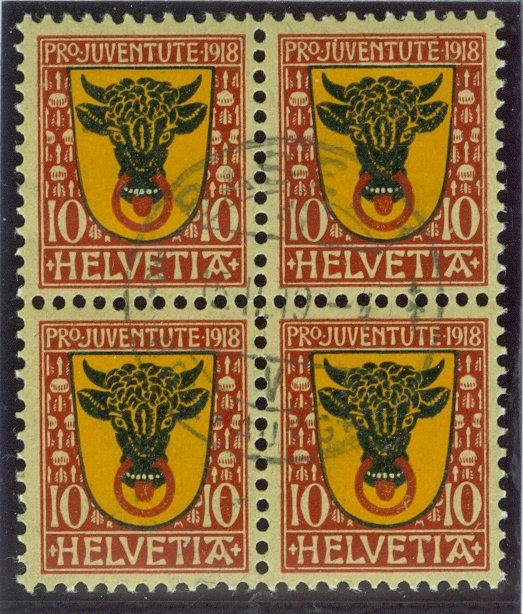 Tutti i francobolli: 1919 Schweiz Pro Juventute Viererblock – Usato da Zürich venduto da yago-rot