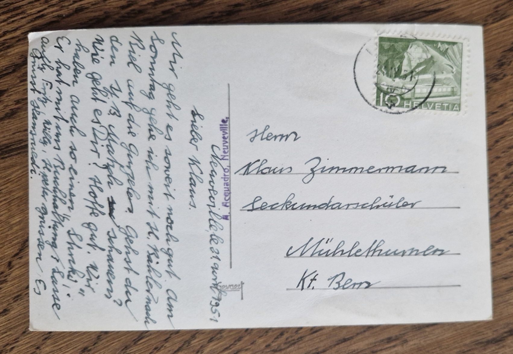 Ansichtskarten: Neuveville, Ecole de Commerce 1951 – Gebraucht aus Ebikon von Donar50 1