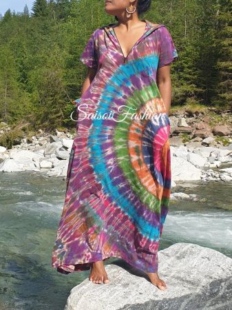 Sommer Batik Handmade Boho Hoodie100%Baumwolle MaxikleidXS-L