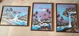 3er Set gerahmte Kunstwerke tropische Landschaft Delfine