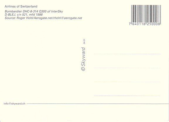 Cartoline postali: Bombardier, DHC-8-314, InterSky – Usato da Zuerich venduto da OceanLinerPostcards 1