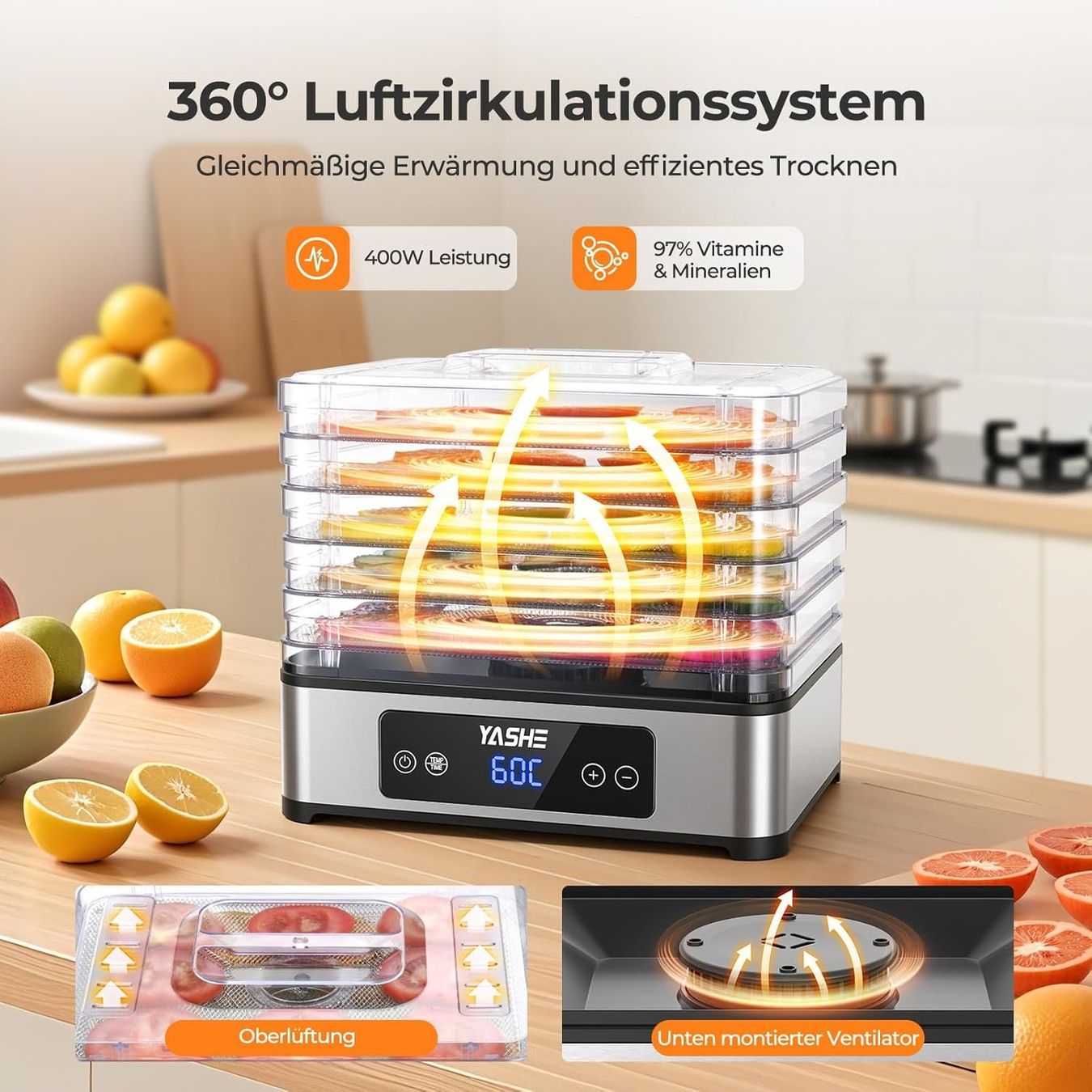 Elettrodomestici da cucina: Dörrautomat 5 Edelstahl-Gitter 400W Timer – Nuovo e nell'imballaggio originale da Schaffhausen venduto da AllesMussRaus60 3