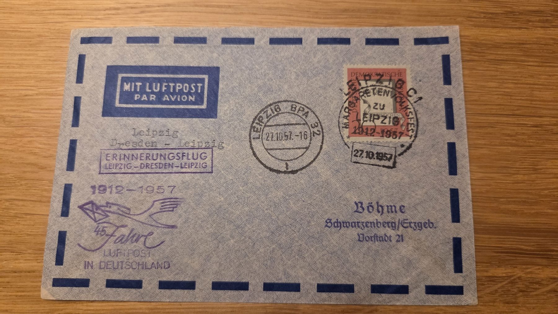 Tutti i francobolli: 1957 Erinnerungsflug Leipzig -Dresden -Leipzig – Usato da Arni AG venduto da Moth68