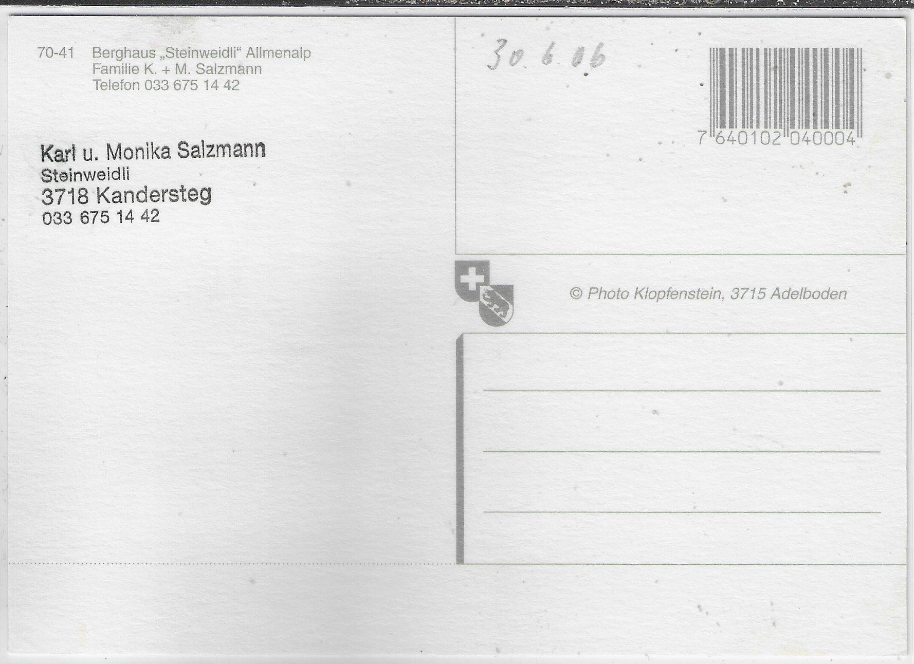 Cartoline postali: Berghaus "Steinweidli" Allmenalp - Kandersteg – Usato da Ettingen venduto da Kartenplanet 1
