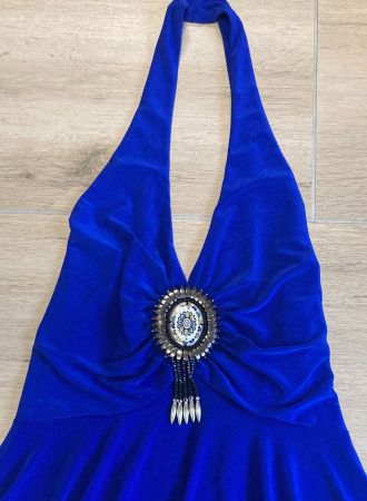 NEU royalblaues Sommerkleid mit Brosche Neckholder Gr. M/38