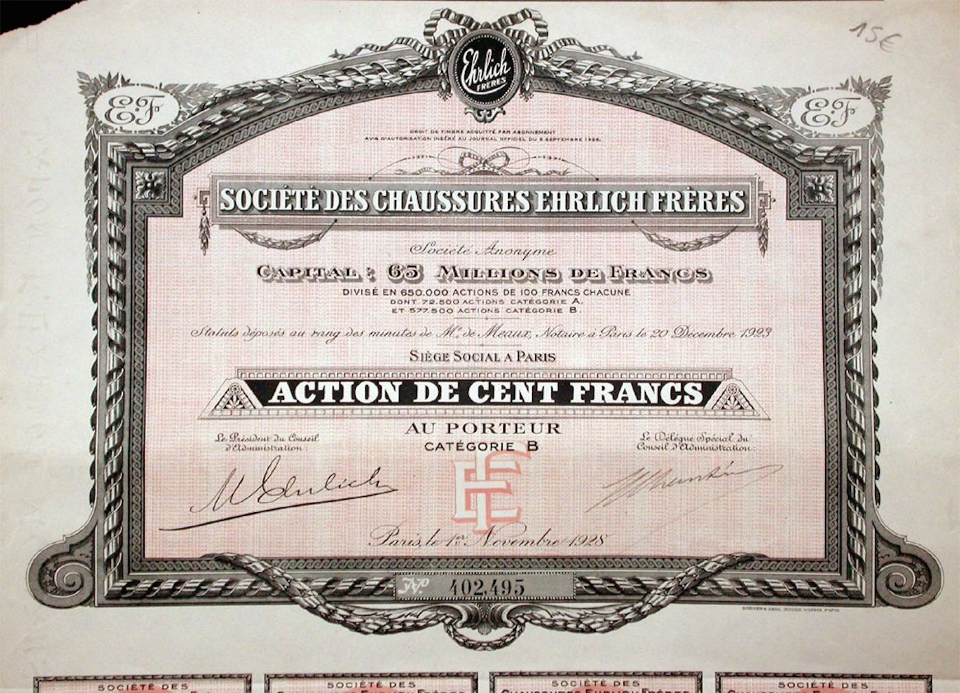 Documenti: Société des Chaussures Ehrlich Frères, Paris - 1928 – Usato da Solothurn venduto da Sgasche