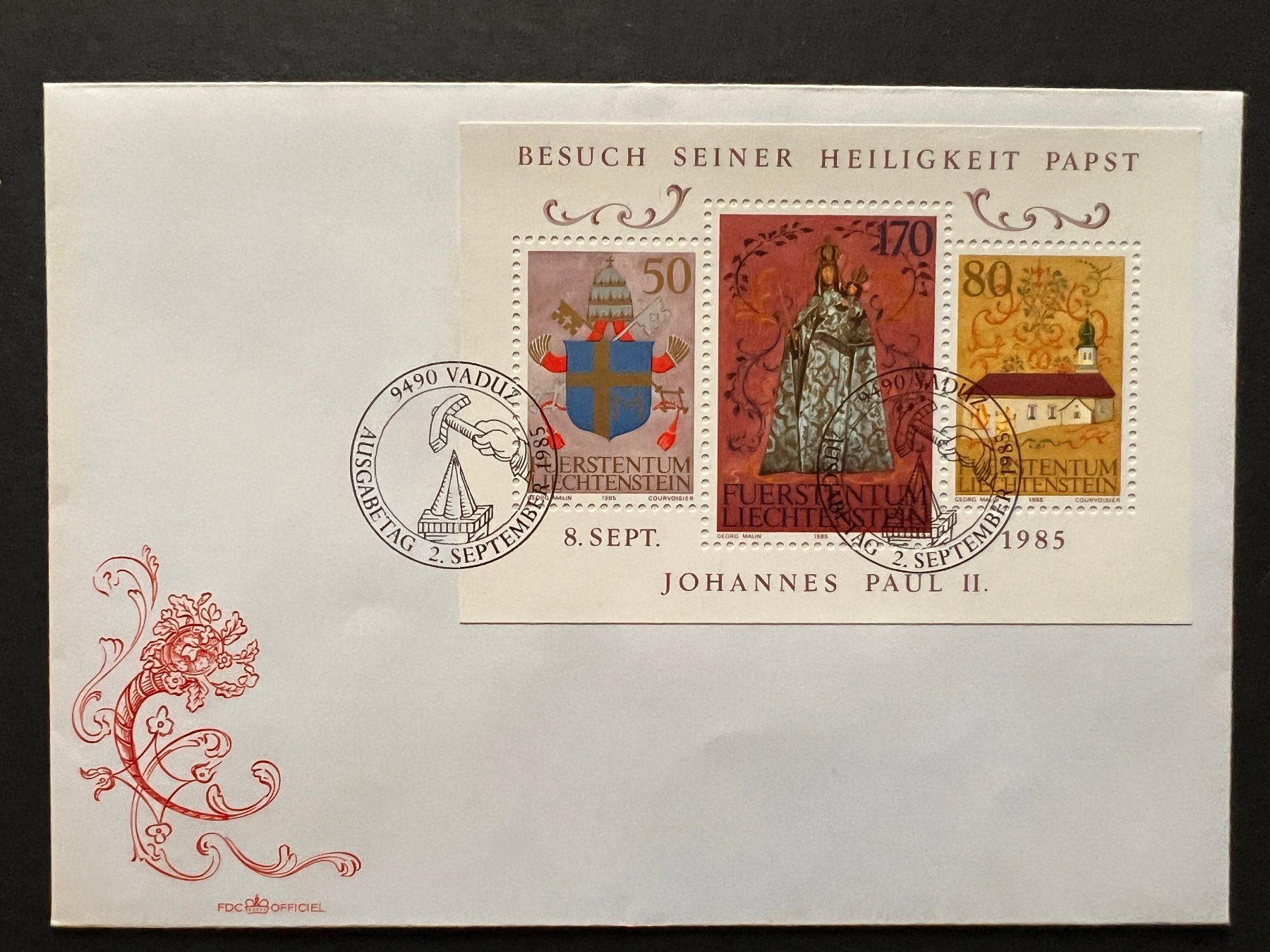 Tutti i francobolli: Liechtenstein FDC Block 1985  (P831) – Usato da Hinwil venduto da Sidi4