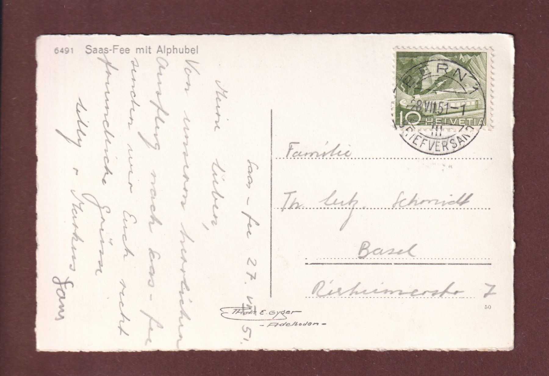 Cartoline postali: SAAS-FEE - Alphubel - 1951 – Usato da Pully venduto da nicecards 1