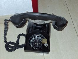 Original Bakelit Telefon schwarz aus der Schweiz um 1954