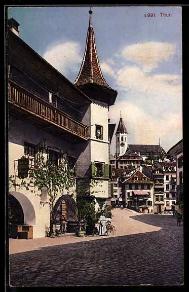 Cartoline postali: Thun, Ortspartie mit Damen vor einem Hau – Usato da Berlin venduto da bartko-reher
