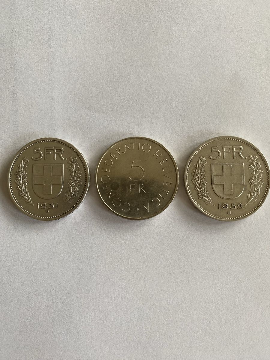 Alle Münzen: 3X 5.- fr 1931-13**, 1952, 1963 commem. – Gebraucht aus Corsier-sur-Vevey von Ginoarturo