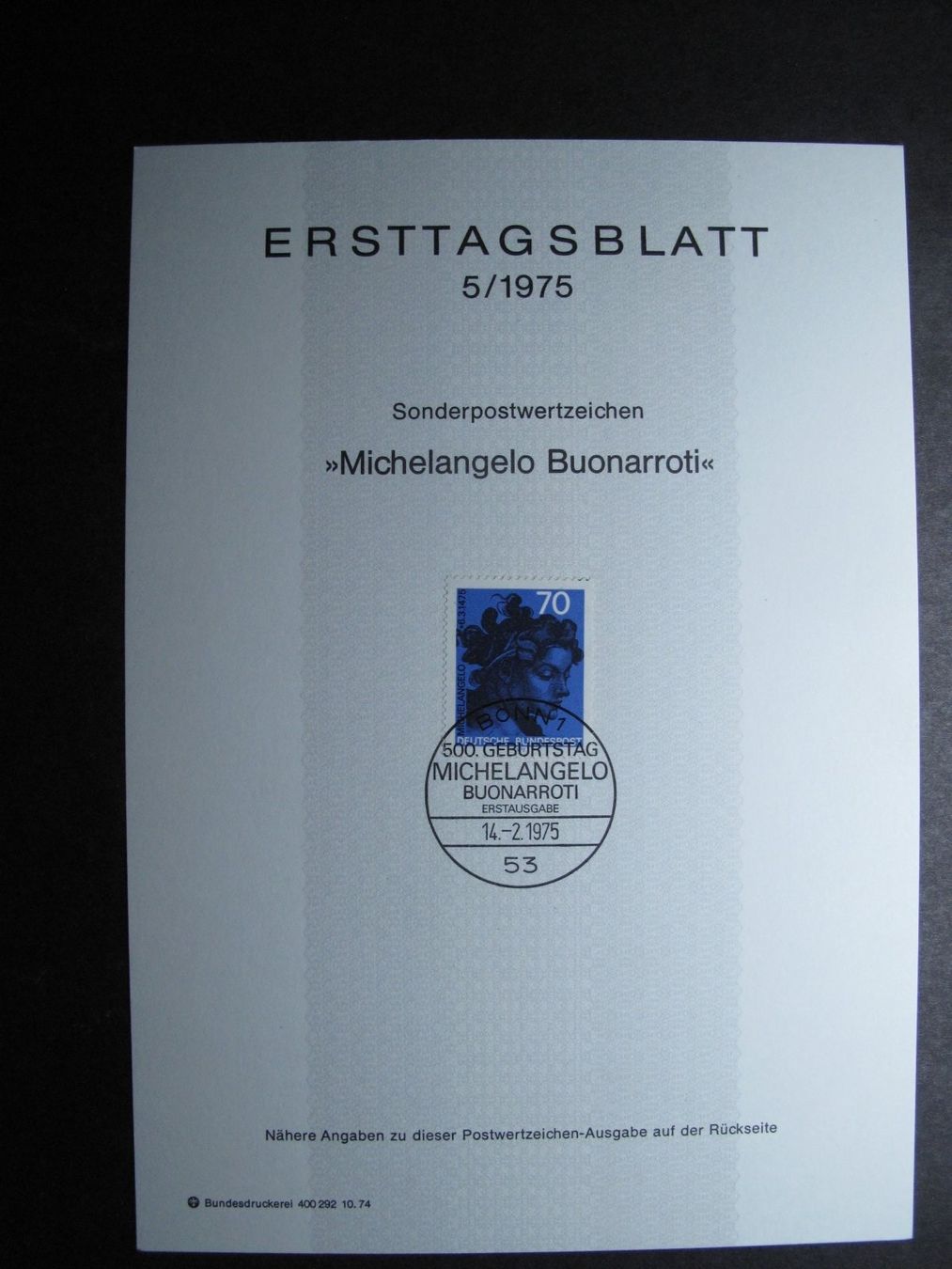 Tutti i francobolli: BRD 1975 /05 Michelangelo Buonarroti ETB – Usato da Wil SG venduto da fva01